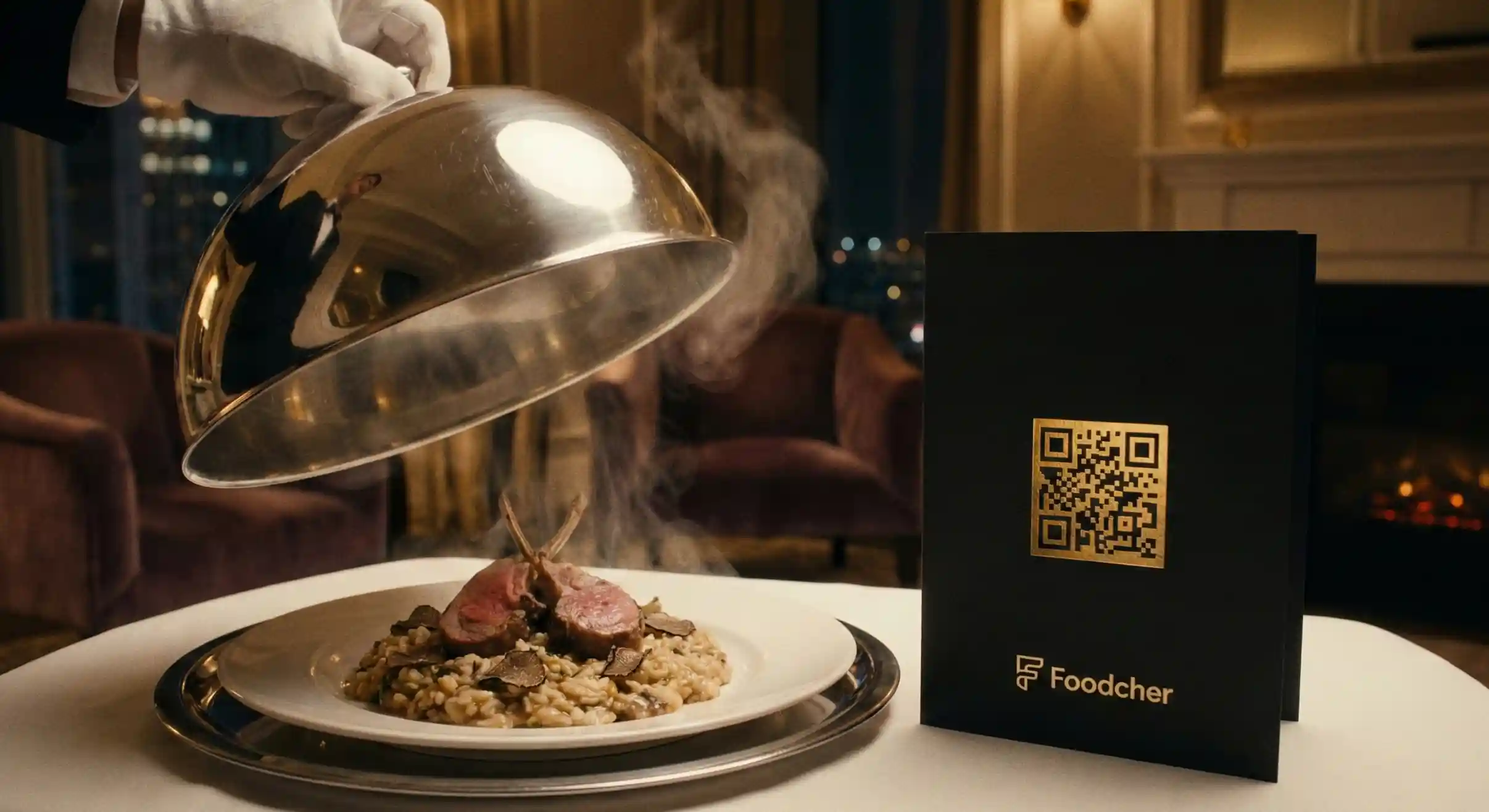 Guest ordering food via mobile QR menu in a hotel room
